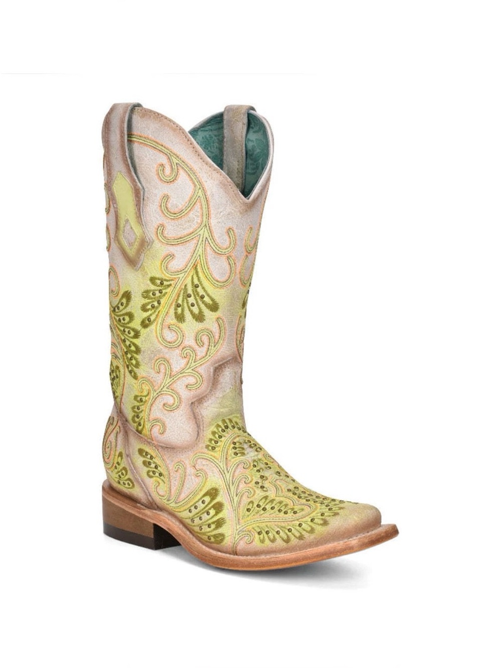 Corral White and Green Western Embroidered Leather Boots Size 9